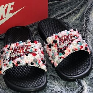 custom nike slides with gold check